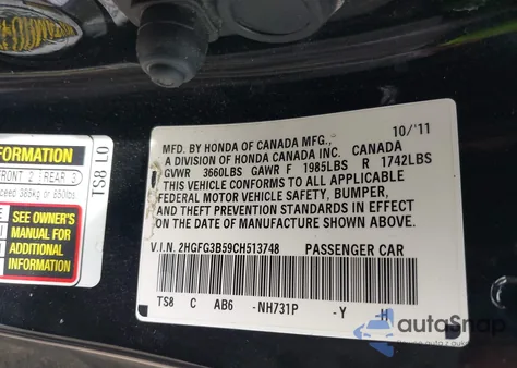 2012 Honda Civic Lx z USA, uszkodzony, nr VIN 2HGFG3B59CH513748